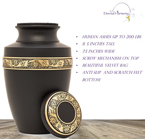 Eternal Harmony Large Urn for Ashes, Adult Male & Female Cremation Urn for Human Ashes with Elegant Finishes, Secure Seal & Velvet Bag, Funeral Urn for Women & Men Up to 200 lbs, 7”x11” (Black)