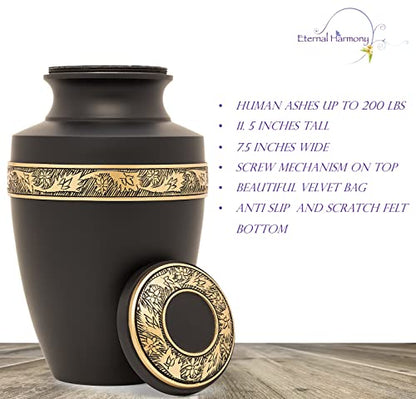 Eternal Harmony Large Urn for Ashes, Adult Male & Female Cremation Urn for Human Ashes with Elegant Finishes, Secure Seal & Velvet Bag, Funeral Urn for Women & Men Up to 200 lbs, 7”x11” (Black)