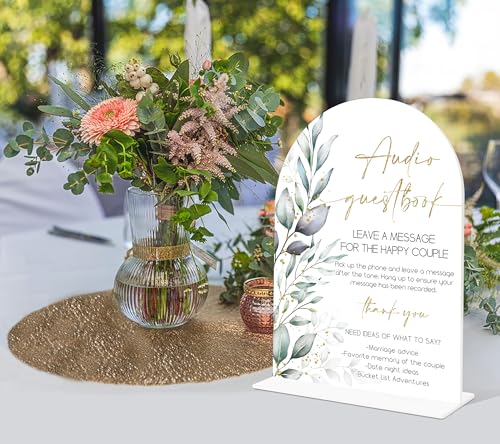 Acrylic Wedding Signs, Greenery Theme Audio Guestbook Sign, Wedding Reception Signage, Bridal Shower Table Decor with Stand, Engagement, Anniversary, Newlywed Events and Parties Supplies, 09 - color: Audio Guestbook Sign, 09