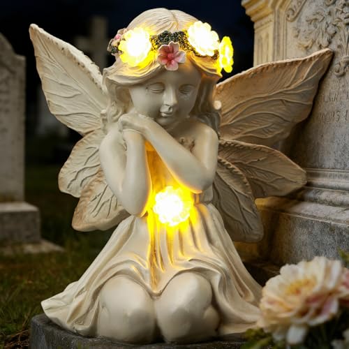 Solar Angel Garden Statue Outdoor Decor for Mother's Day, Fairy Figurine with Garland Flower Light, Cemetery Decoration for Grave, Yard, Patio, House Warming Birthday Gifts for Women, Mom - color: White-angel01