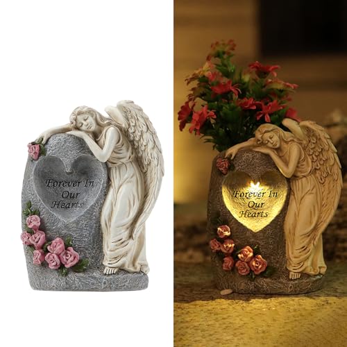 Solar Cemetery Vases for Grave, Resin Angel Headstones Vases with Spikes for Fresh Artificial Flowers, Grave Markers for Cemetery Memorial Day Decor, Memorial Gifts for Loss of Loved One (White) - color: White