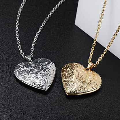 DIY Heart Locket Necklace with Engraved Floral Design, Openable Photo Frame Pendant for Women, Adjustable Chain for Layering（Silve） - color: Silver