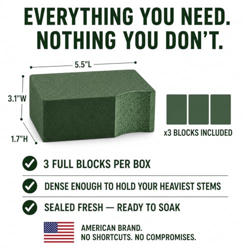 Florables Wet Floral Foam Blocks (5.5" L x 3.1" W x 1.7" H, Pack of 3) – Green Foam for Flower Arrangements, Floral Foam Base & Bouquet Foam for Fresh Flowers, Wedding Flower Arranging Supplies - size: Small pack of 3