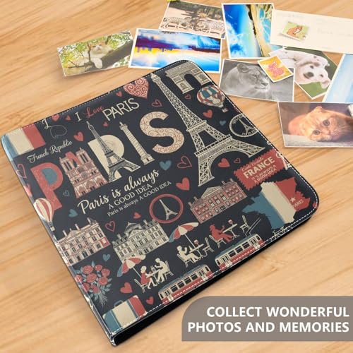 JIPONI French Paris Theme Large Photo Album, DIY Leather Cover Scrapbook Albums for 4x6 5x7 6x8 Pictures, Self Adhesive Memory Book for Wedding, Baby, Family - color: Paris Graffiti