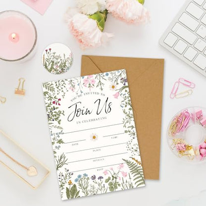 Whaline 25 Packs Vintage Floral Invitations with Envelopes and Stickers Retro Wildflower Invitation Cards Spring Fill in Blank Invites for Wedding Birthday Bridal Baby Shower Party, 5 x 7 Inch