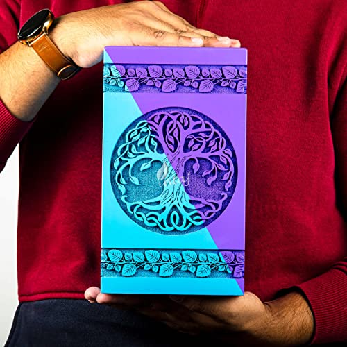 Wooden Urn for Human Ashes, 640 Cu in, XX-Large, Blue & Purple | Hand-carved wood, blue and purple, screw-locked sliding base, engraving available, holds two adults, to 640 lb combined - color: Blue & Purple, size: XL - 14Hx7.5W (640 Cu/In)