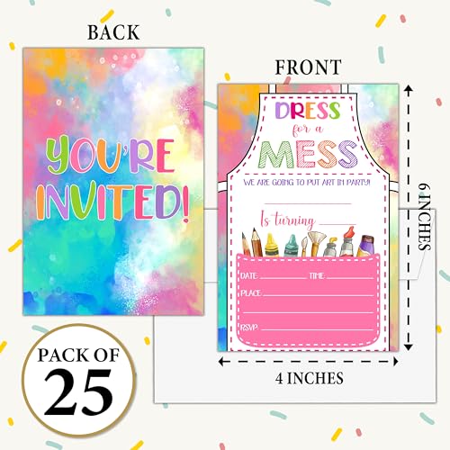 Invitations for Girls Boys - Art Painting Bday Invites with Envelopes(25-Count) - Paint Craft Fill-in Invite Cards for Party Supplies Favors Decorations - F18 - style: Dress for a Mess