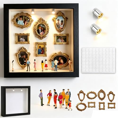Mini Museum Silhouette Shadow Box Frame, DIY Memory Display Photo Craft Kit with LED String Lights, Mini Gold Frames & Figurines, Keepsake Box for Wedding Anniversary Family Milestone Gift (Black) - color: Black