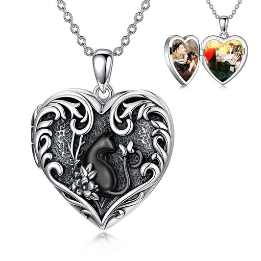 Dorunmo Personalized Heart Locket Necklace That Holds 2 Picture 925 Sterling Silver Custom Lockets Pendant Memorial Jewelry Gifts for Mom Sisters - color: Black Cat, style: Non-Personalized