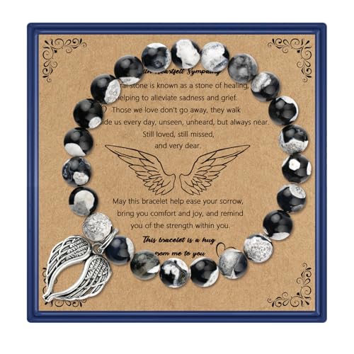 Sympathy Gifts for Loss of Loved one Memorial Healing Remembrance Condolence Grief Present for Women Purple Emperor Stone Bracelet With Angel Wings In Memory of Mother Father Pet Bereavement Grief