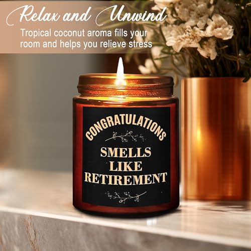 Funny Retirement Gifts for Women Men 2026 - Retired Candle Gift for Friend - Coworker Leaving, Goodbye, Going Away, Farewell - Natural Soy Wax Relaxing Spa Coconut Beach Scented Candle - color: Retirement