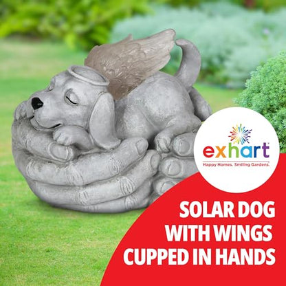 Exhart Dog Statue, Solar Cradled Pet Memorial Garden Sculpture, LED Light Angel Wings, Outdoor Garden Decoration, 8 x 5 Inch
