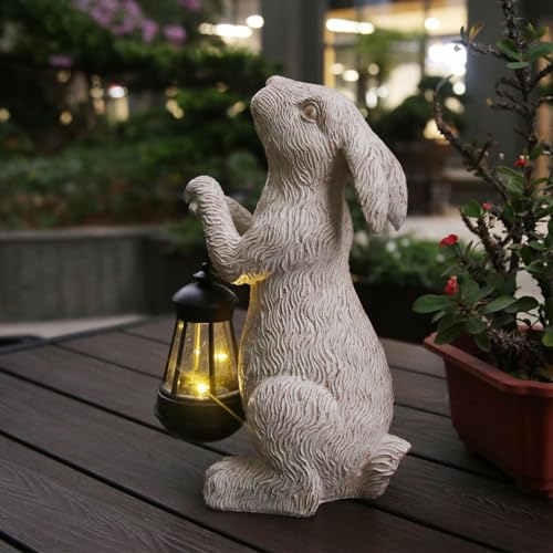 Garden Statues Rabbit with Solar Lights- Bunny Figurine Outdoor Rabbit Fall Decor for Home Lawn,Balcony-Yard Art Garden&Patio Whimsical Decor,Unique Housewarming&Birthday Gifts for Women Mom - style: Brown Bunny