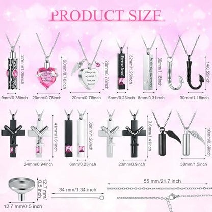 Huquary 16 Pcs Urn Necklace for Ashes Waterproof Stainless Steel Carved Ashes Locket with 8 Filling Kit Heart Cylinder Cross Cubic Fish Hook Jewelry for Ashes with Wing Diamond for Men Women - color: Pink