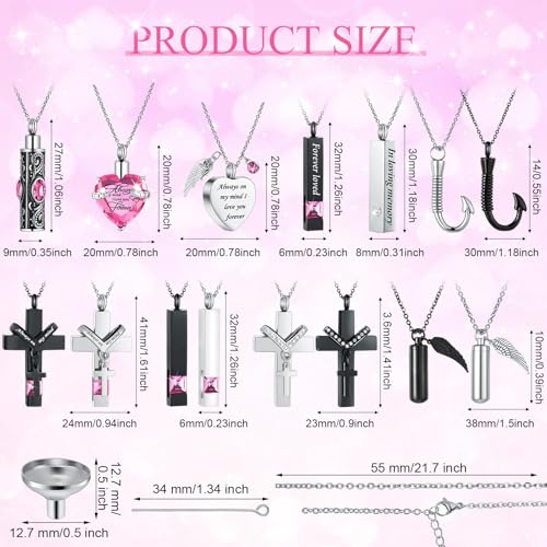 Huquary 16 Pcs Urn Necklace for Ashes Waterproof Stainless Steel Carved Ashes Locket with 8 Filling Kit Heart Cylinder Cross Cubic Fish Hook Jewelry for Ashes with Wing Diamond for Men Women - color: Pink