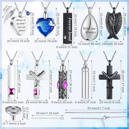 Jexine 10 Pcs Urn Necklace For Ashes Cremation Jewelry Wings Tear Drop Cross Crystal Ashes Necklace Stainless Steel Zircon Memorial Locket Vertical Bar Heart Waterproof Keepsake For Men - color: Blue, Purple