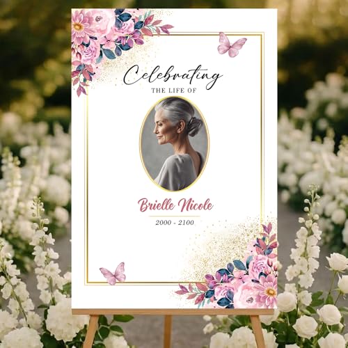 Personalized Celebration of Life Welcome Sign with Photo, Obituary Welcome Sign with Name and Date, Celebrating a Beautiful Life Butterfly Flower Tribute, Butterfly Flower Remembrance Decor, Custom Funeral Welcome Sign (Edition 12) - color: Edition 12