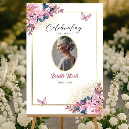 Personalized Celebration of Life Welcome Sign with Photo, Obituary Welcome Sign with Name and Date, Celebrating a Beautiful Life Butterfly Flower Tribute, Butterfly Flower Remembrance Decor, Custom Funeral Welcome Sign (Edition 12) - color: Edition 12