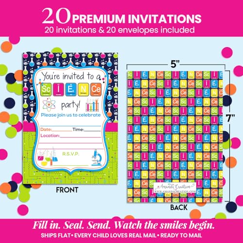 Mad Science Theme Kids Birthday Party 20 Invitations 5x7 Fill-In Cards with Envelopes, Experiment Fun Educational Lab Design for Children Celebration, Made in USA by Amanda Creation - style: Science