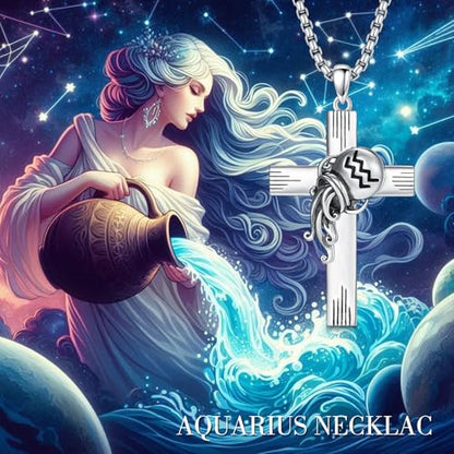 PROESS Cross Necklace for Women Men Sterling Silver Rose/Sunflower Cross Pendant Religious Jewelry Christmas Birthday Mothers' Day Gifts - color: 01-07-Aquarius