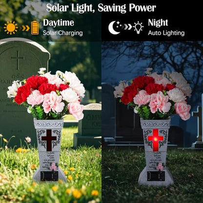 Lewondr Solar Cemetery Vases for Grave, Cross Grave Vases with Spikes | Waterproof Memorial Flower Holder with Solar LED Cross Light,Sympathy Gifts for Loss of Loved One, Gray - color: Gray