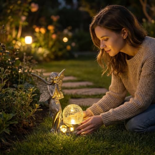Solar Fairy Garden Statue with Crackled Glass Globe Light - color: Bronze Bronze Fairy