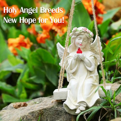 Angel Garden Statue,Fairy Solar Garden Decor with Warm Light | Waterproof Angel Statue with Swing & Holding Bird,Outdoor Garden Decor for Lawn Yard Patio Windowsill Garden Gifts, Apricot - style: Swing Bird Angel