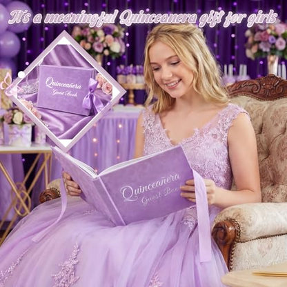 Panelee Velvet Quinceañera Guest Book with Pen Purple Sign in with Bow 15 Year Anos Quince Book 144 Page Signature Guest Sign in Keepsake Album for Birthday Party Keepsake Gift - color: Purple
