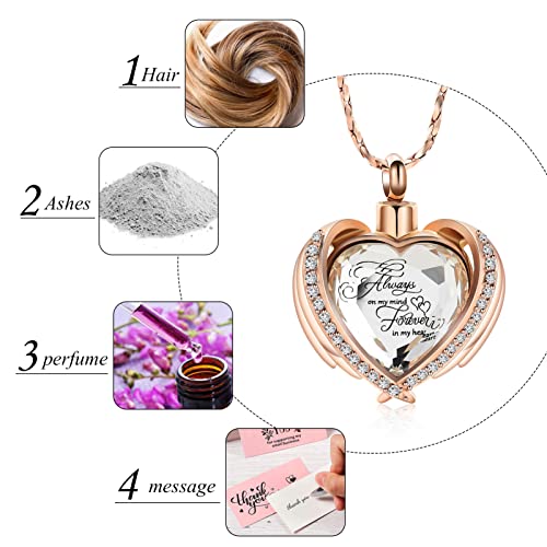 Imrsanl Cremation Jewelry for Ashes Pendant - Crystal Heart Urn Necklace with Mini Keepsake Urn Memorial Ash Jewelry - color: Rose Gold-White