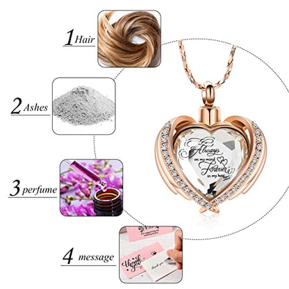 Imrsanl Cremation Jewelry for Ashes Pendant - Crystal Heart Urn Necklace with Mini Keepsake Urn Memorial Ash Jewelry - color: Rose Gold-White