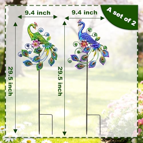 2 Pack Peacock Metal Garden Stakes 29.5in Rustproof Yard Art Outdoor | UV-Protective Coating、Embossed Scrollwork、Outdoor Use、Artisan-Crafted、Timeless Elegance - color: Peacock Ground Stake