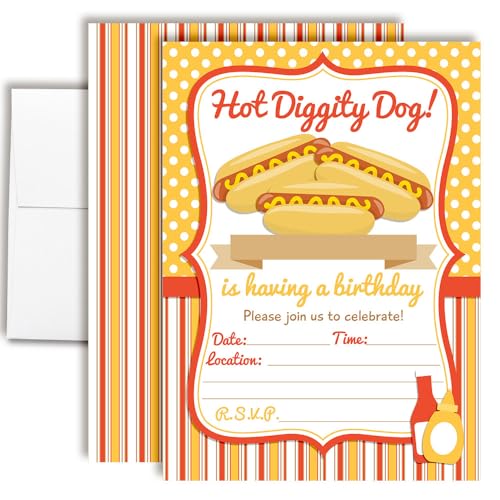 Amanda Creation Hot Dog BBQ Party Theme Fill-In Invitations Set, 20 Count 5 x 7 Cards with White Envelopes, Fun Grilling Theme for Birthdays, Graduations and Reunions, Made in USA - style: Hot Dog BBQ Party