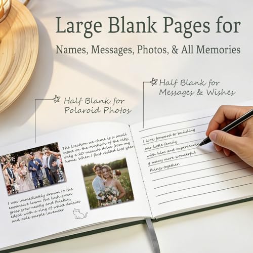 Wedding Guest Book with Exclusive Font Design, Elegant Hardcover Polaroid-Style Sign-In Book for Wedding Receptions, Baby Showers, Birthdays, Bridal Showers, Special Events, Lined Blank Pages, 9" x 7" - color: Darkgreen, style: Elegant Script - Lined