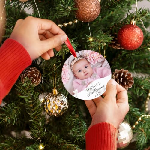 Personalized Baby First Christmas Ornaments Boy/Girl, Custom Photo and Name 2025 Christmas Tree Ornament, Velvet Pouch Included, 3.75" ACM Ornament, Made in The USA - color: Baby Heart