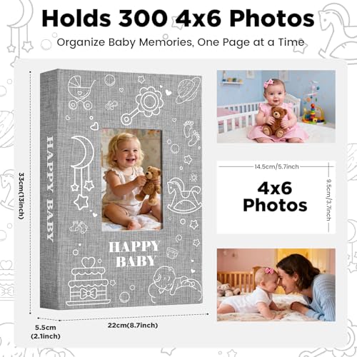 Baby Photo Album 4x6 300 Pockets with Memo Area, Photo Stickers & Hand and Footprint Kit, Linen Cover Baby Memory Book with Front Window, First Year Keepsake for Newborn Boy Girl - color: Gray