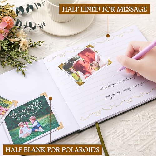 8x10 Inch Wedding Guest Book - 120 Blank & Lined Pages, Gold Foil PU Leather Hardbound Cover, Durable Sewn Binding, Green - color: Green