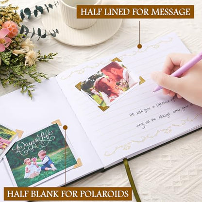 8x10 Inch Wedding Guest Book - 120 Blank & Lined Pages, Gold Foil PU Leather Hardbound Cover, Durable Sewn Binding, Green - color: Green