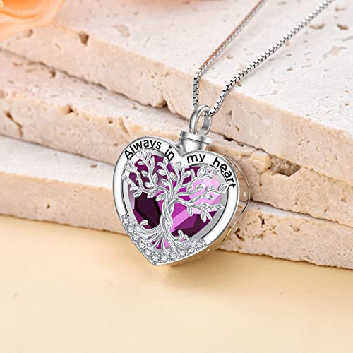 TOUPOP Tree of Life Urn Necklaces for Ashes 925 Sterling Silver Heart Cremation Jewelry Memorial Keepsake Jewelry with Funnel Filler for Women Men - color: B-Heart Tree of Life-Purple Crystal