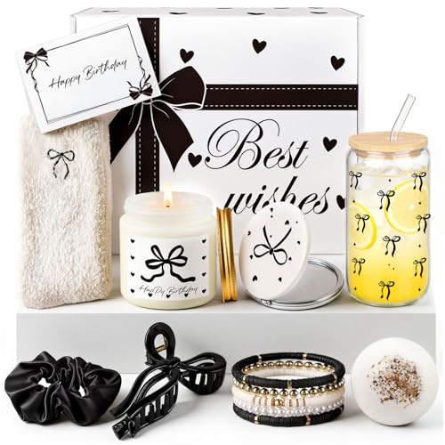 Elegant Birthday Gifts for Women, Black Bow Unique Birthday Relaxing Gifts Box with Scented Candles, Greeting Card & Home-Spa Relaxation, Birthdays Presents for Her, Best Friend, Sister, Wife - color: Black Bow
