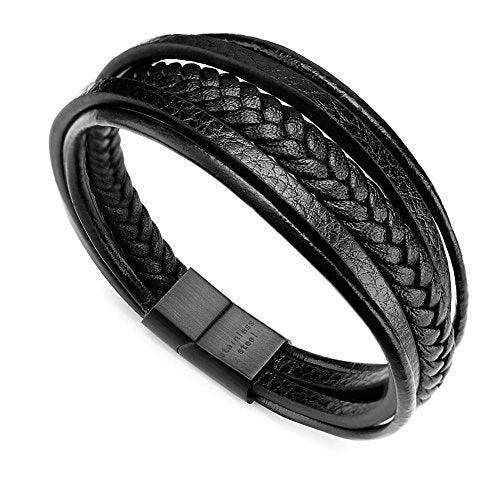 Mens Leather Bracelet with Clasp Cowhide Multi-Layer Braided Leather Mens Bracelet - style: black leather&black clasp&7.0