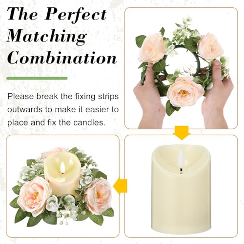 Yunlly 16 Set Rose Candle Rings Wreaths 3 Inch Center with Flameless LED Candles Artificial Rose Light Garland Fake Electric Votive Tealights Bulk Funeral Wedding Table Centerpieces Decor(Champagne) - color: Champagne