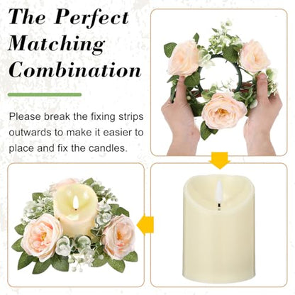 Yunlly 16 Set Rose Candle Rings Wreaths 3 Inch Center with Flameless LED Candles Artificial Rose Light Garland Fake Electric Votive Tealights Bulk Funeral Wedding Table Centerpieces Decor(Champagne) - color: Champagne