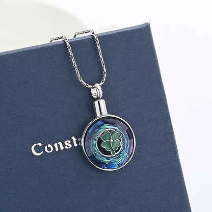 constantlife Cremation Jewelry Memorial Urn Necklace for Ashes Lucky Four-Leaf Clover Design Stainless Steel Pendant Keepsake - color: Z-Blue Crystal