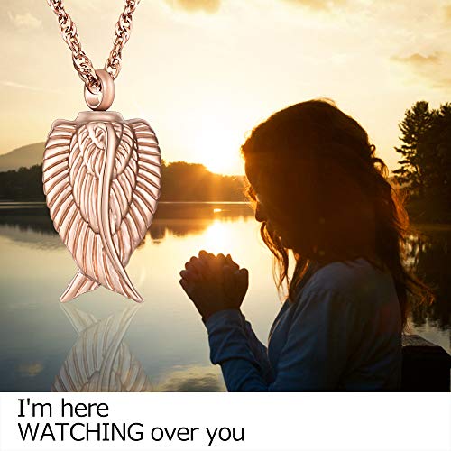 Angel Wing Cremation Necklace for Ashes Stainless Steel Urn Pendant Ashes Holder Memorial Jewelry-I’m Here WATCHING Over You - color: Rose Gold