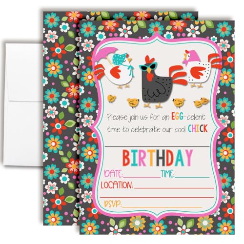 Amanda Creation Chicken Birthday Invitations, 20 Pack 5x7 Fill-In Chicken Party Invitations with White Envelopes, Cool Chick Farm Animal Party Cards, Made in USA - color: Cool Chick Chicken