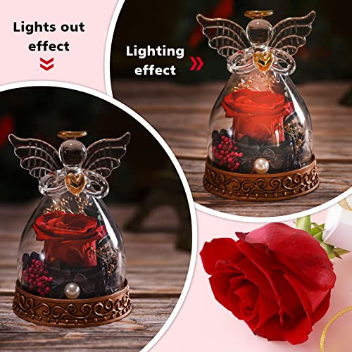 Preserved Real Rose in Glass Angel Figurine with LED Light, Angel Gifts for Women, Mom, Grandma on Mother's Day Christmas Birthday (Red) - color: Red
