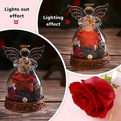Preserved Real Rose in Glass Angel Figurine with LED Light, Angel Gifts for Women, Mom, Grandma on Mother's Day Christmas Birthday (Red) - color: Red
