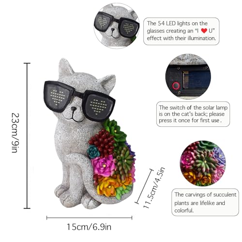 Solar Cat Garden Decor Statues with Succulent LED Lights and Sunglasses | Cat Figurines Gifts for Women Mom Grandma ，Outdoor Garden Decoration for Patio Yard Lawn - style: French