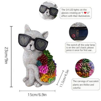 Solar Cat Garden Decor Statues with Succulent LED Lights and Sunglasses | Cat Figurines Gifts for Women Mom Grandma ，Outdoor Garden Decoration for Patio Yard Lawn - style: French