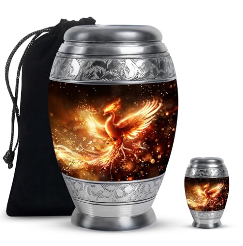 Phoenix Bird, Male & Female Urns, Combo of 1 Large Urn with Velvet Bag and 1 Small Keepsake, Memorial Urns, Funeral Urns, Cremation Urn for Human Ashes, Burial Urn, Keepsake Urns for Adult - size: 1 Large Urn (10inch)+1 Keepsake (3inch)